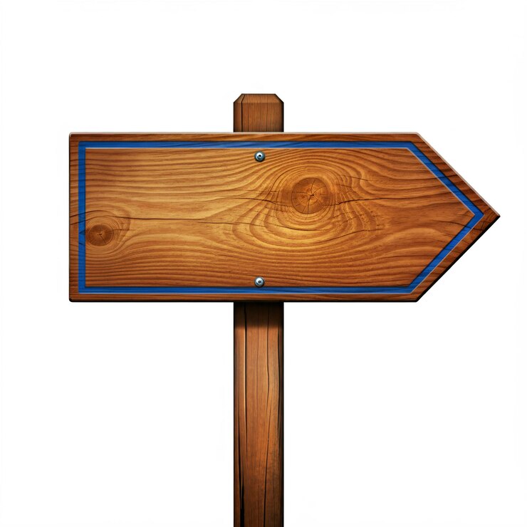 Foto wooden arrowshaped sign with blue border on a wooden post