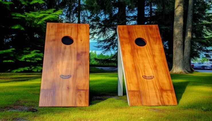 Foto wooden cornhole boards in a park with green grass and trees ready for a fun outdoor game with