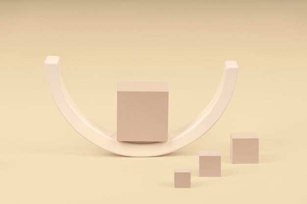 Wooden geometric shapes forms colorful figures composition on pastel background
