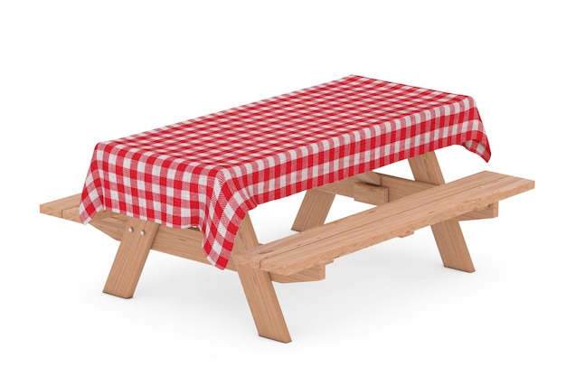 wooden picnic table with benches and red plaid tablecloth 3d rendering