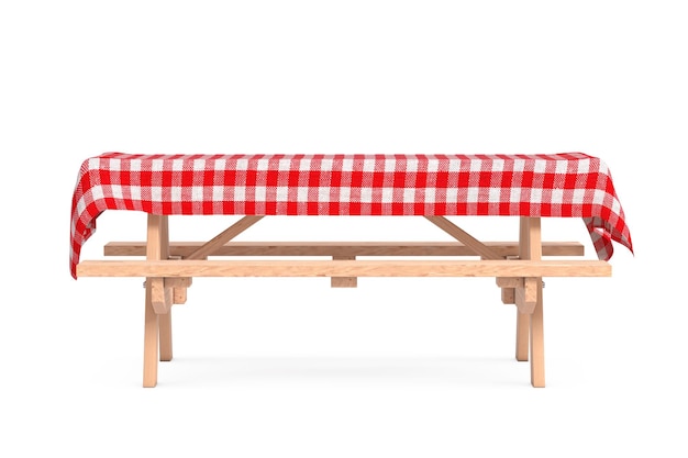 wooden picnic table with benches and red plaid tablecloth 3d rendering