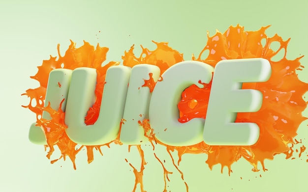 Word JUICE Splash and drops of grapefruit watermelon or tomato juice on green mint background Font with flow of fruity drink realistic 3d mockup stream orange water through letters modern text