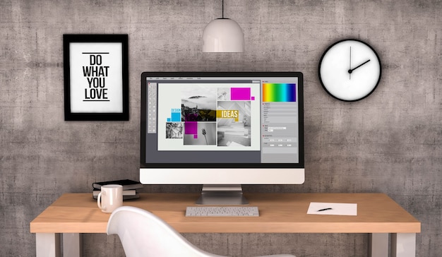 workspace with graphic design software on screen computer. 3D rendering
