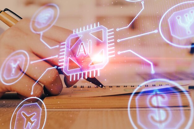 Writing human hands with data theme multi exposure icons