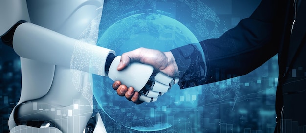 XAI 3D rendering humanoid robot handshake to collaborate future technology