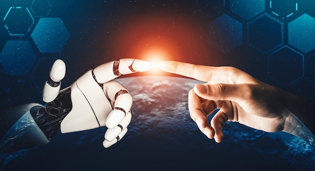 XAI Futuristic AI thinking of droid robot artificial intelligence concept