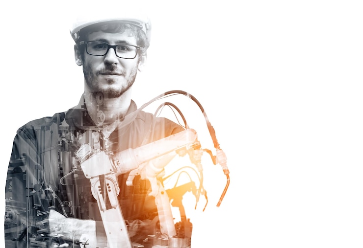 Foto xai mechanized industry robot arm and factory worker double exposure