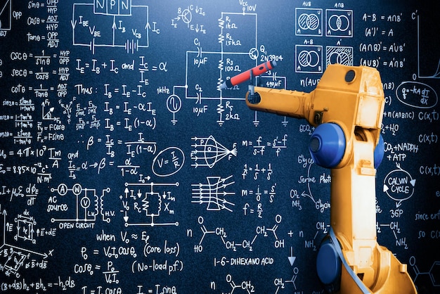 XAI Robot arm AI analyzing mathematics for mechanized industry problem solving