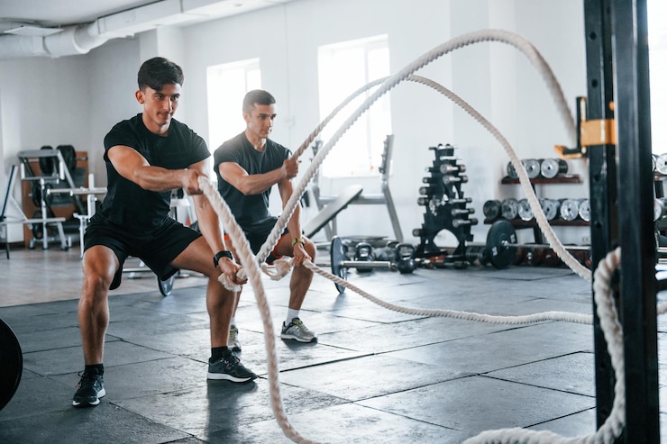 Foto young people with sportive body shapes doing crossfit by using knots