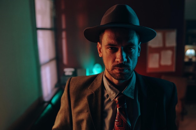 Young serious spy or agent in oldfashioned formalwear and hat