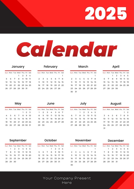 2025 Calendar with premium geomatrical theme in red color