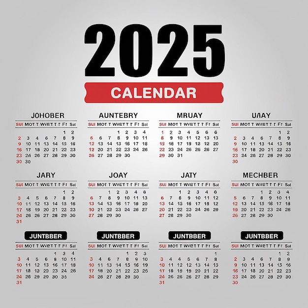 2025 kalenderskabelon, let redigerbar rød og sort kombination til din virksomhed