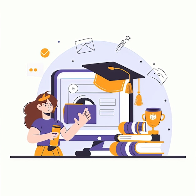 2D-vektorillustration av studentexamen, framgång, högskolestudier, utbildningskurser och skola