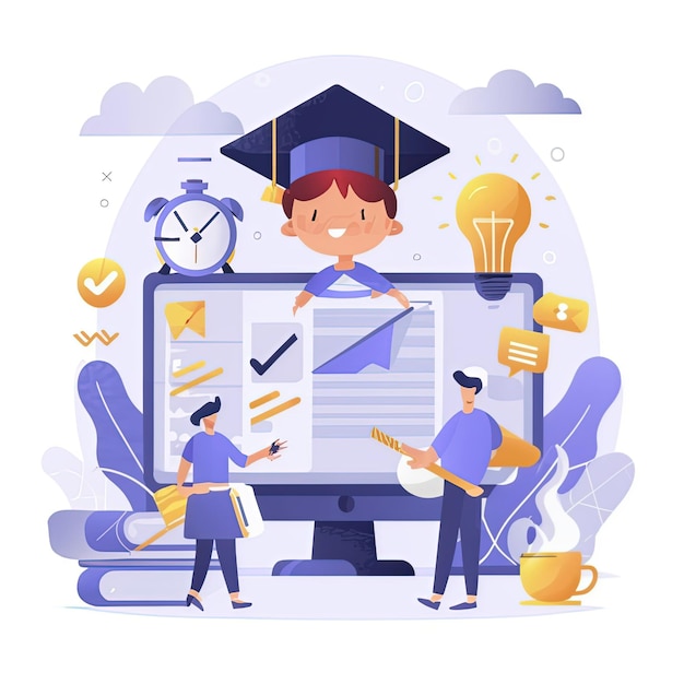 2D-vektorillustration av studentexamen, framgång, högskolestudier, utbildningskurser och skola