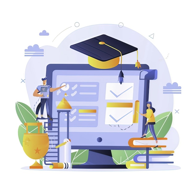 2D-vektorillustration av studentexamen, framgång, högskolestudier, utbildningskurser och skola