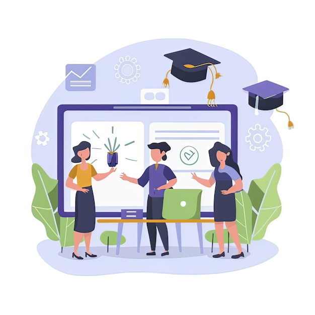 2D-vektorillustration av studentexamen, framgång, högskolestudier, utbildningskurser och skola