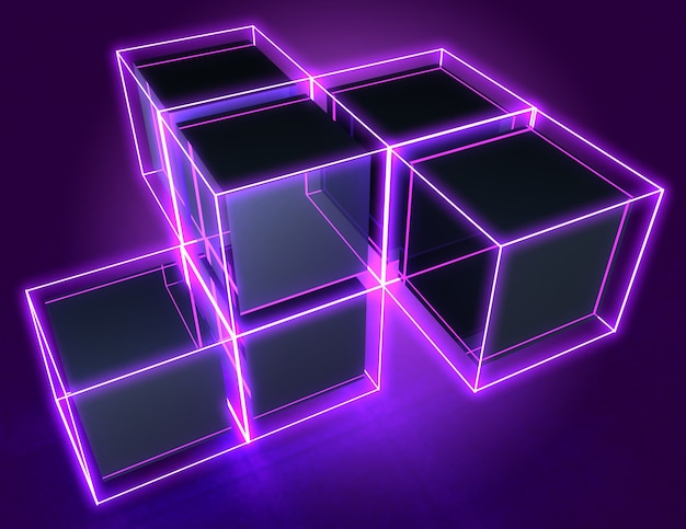 3d abstract cubes background with neon lights . 3d illustration
