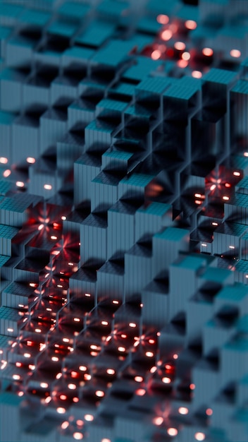 3D Abstract Render of Teal Cubes with Red Glowing Highlights Futuristic Geometric Design