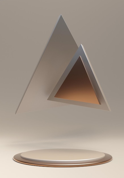 3D beige background with geometric round podium and triangle shapes stand pedestal Trendy graphic design golden elements Neutral minimal