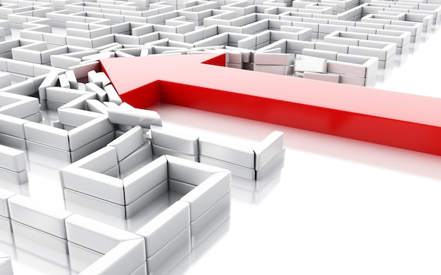 3d Blue arrow breaking down the walls in the maze