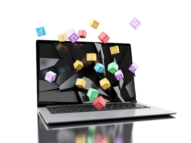 3d Broken laptop screen with discount icons
