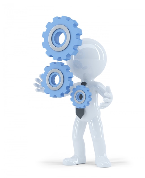 3d businessman holding metal gears. business concept. isolated. contains clipping path