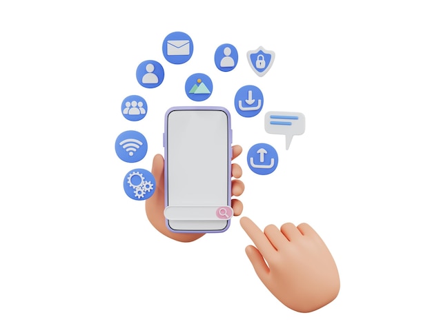 3D cartoon hand holding smartphone Social network icon online communication application