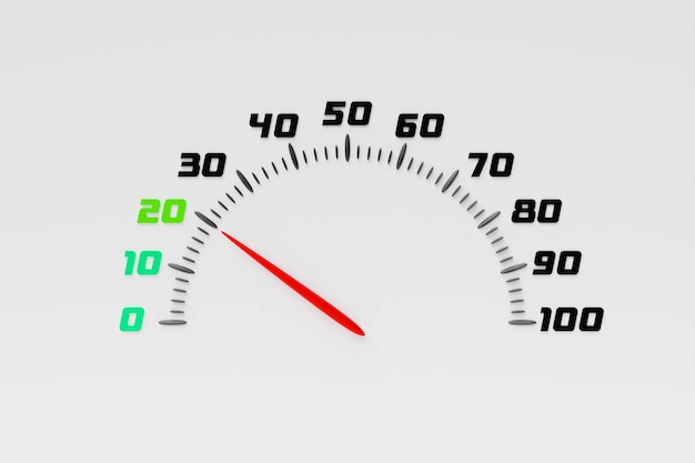 3D closeup illustration of a white dashboard of a car a digital bright speedometer with a red arrow in a sporty style