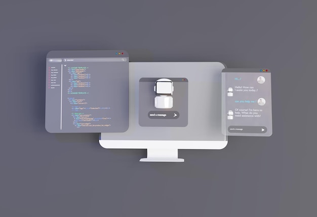 3D computer AI Robot Chatbot Web UIUX SOFTWARE programming algorithms 3D rendering illustration