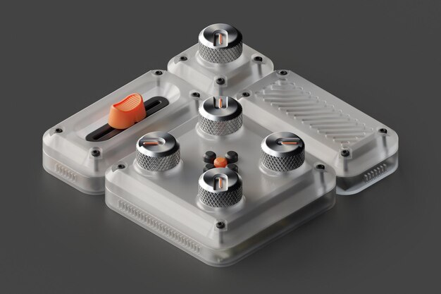 3d control panel device with set of knobs faders switchers and buttons