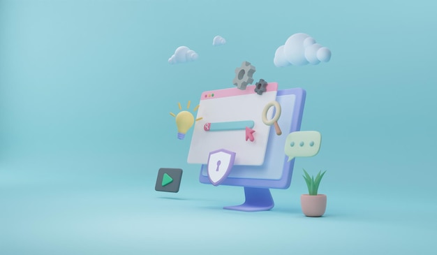 3D digital Screen Search concept Idea icons chat and Security system computer 3d rendering illustrat