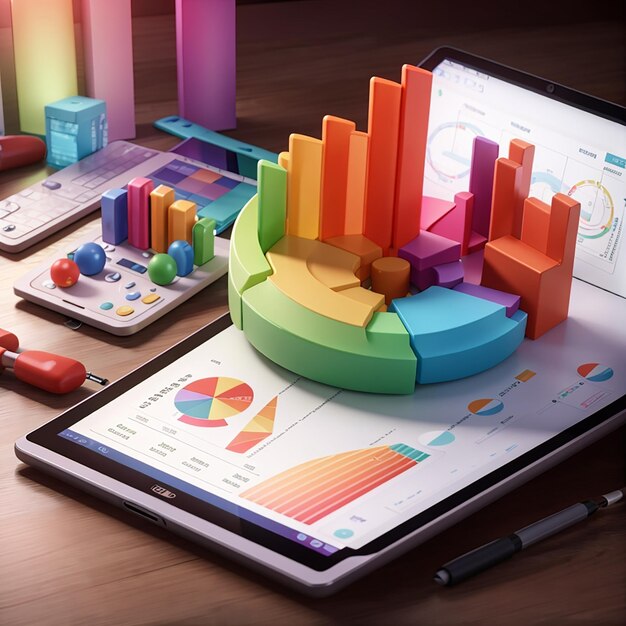 3d financial report chart data analysis and web development concept tablet with data chart