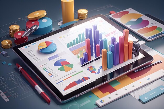 3d financial report chart data analysis and web development concept tablet with data chart