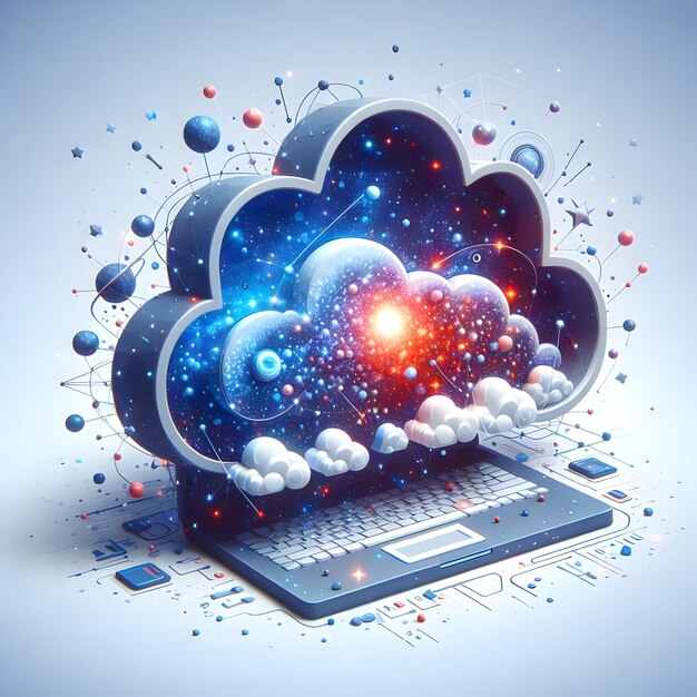 3D Flat Icon Interstellar Cloud Computing Concept Clouds forming shapes of tech devices amidst star