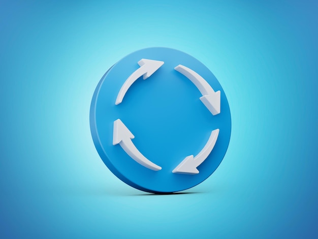 3d Four White Arrows Recycle Symbol With Rounded Blue Icon On Blue Background 3d illustration