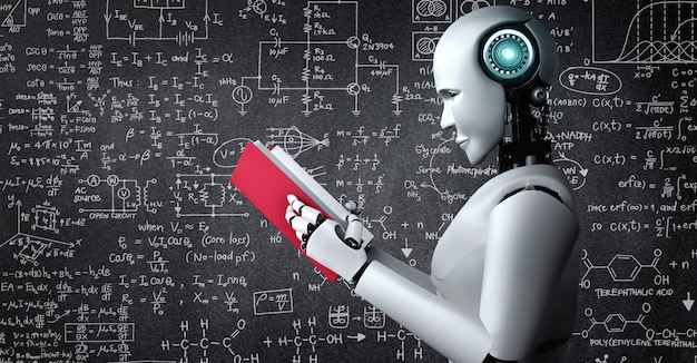 3D-gengivelse af robot-hominoid, der læser bog og løser matematik