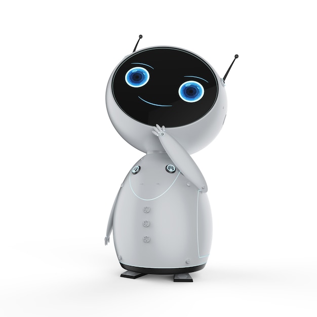 3D-gengivelse af sød kunstig intelligensrobot med tegneseriefigur, der tænker
