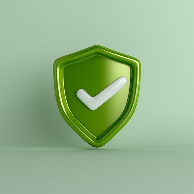 3d Green shield with check mark, secured protection concept
