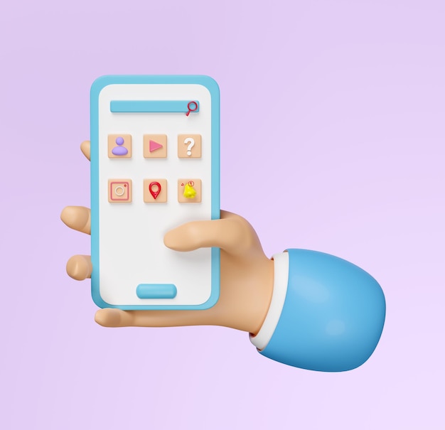 3d hand using mobile phone isolated on purple background hand holding smartphone screen phone concept 3d render illustration