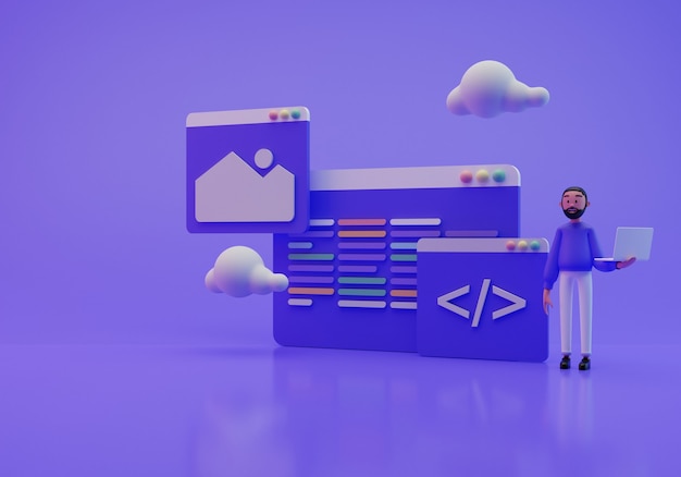 3D illustration af en programmør og hans skærmarbejde