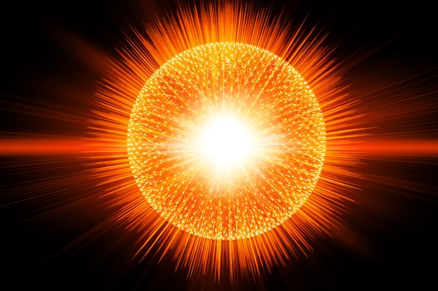 3D-illustration Atomkärna explosivt bryts isär frigör energi och strålningsljus vetenskapsillustration koncept