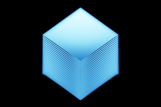3d illustration blue lighting cube flying on black isolated background