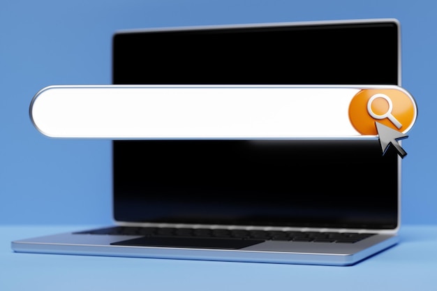 3d illustration laptop with search frame box internet panel with magnifying glass icon big white box for selection of options on blue background