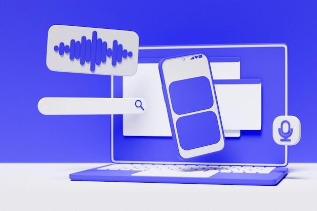 3d illustration of a laptop with a search frame a box an internet panel with a magnifying glass icon and an audio search the concept of a modern audio search on the internet