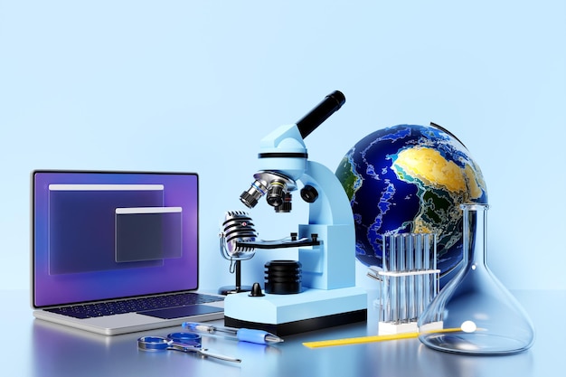 3D illustration of a laptop with an open browser tab on the screenlaboratory microscope and set of laboratory instruments