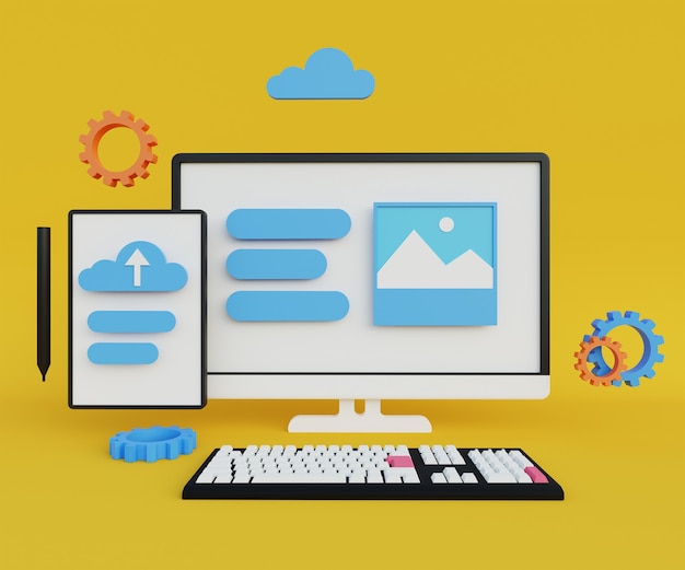3d illustration of monitor, tablet and keyboard on yellow background