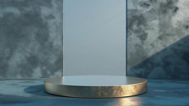 3D illustration of round shiny gold podium with concrete wall background
