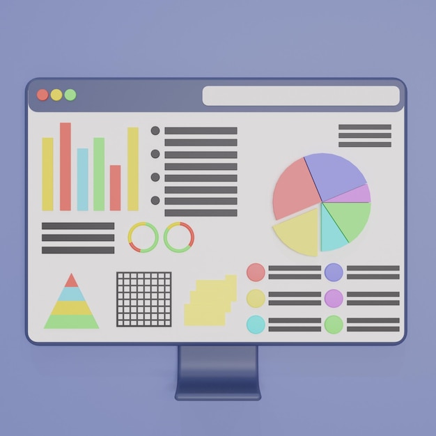 3d illustrator design with various charts with brighter purple background