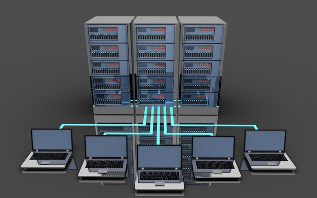 3D laptop server connection concept. 3d illustration
