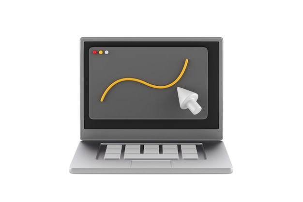 3D Laptop with curve line and cursor Computer screen with mouse pointer Click on program Contact us concept Black notebook Cartoon creative design icon isolated on white background 3D Rendering
